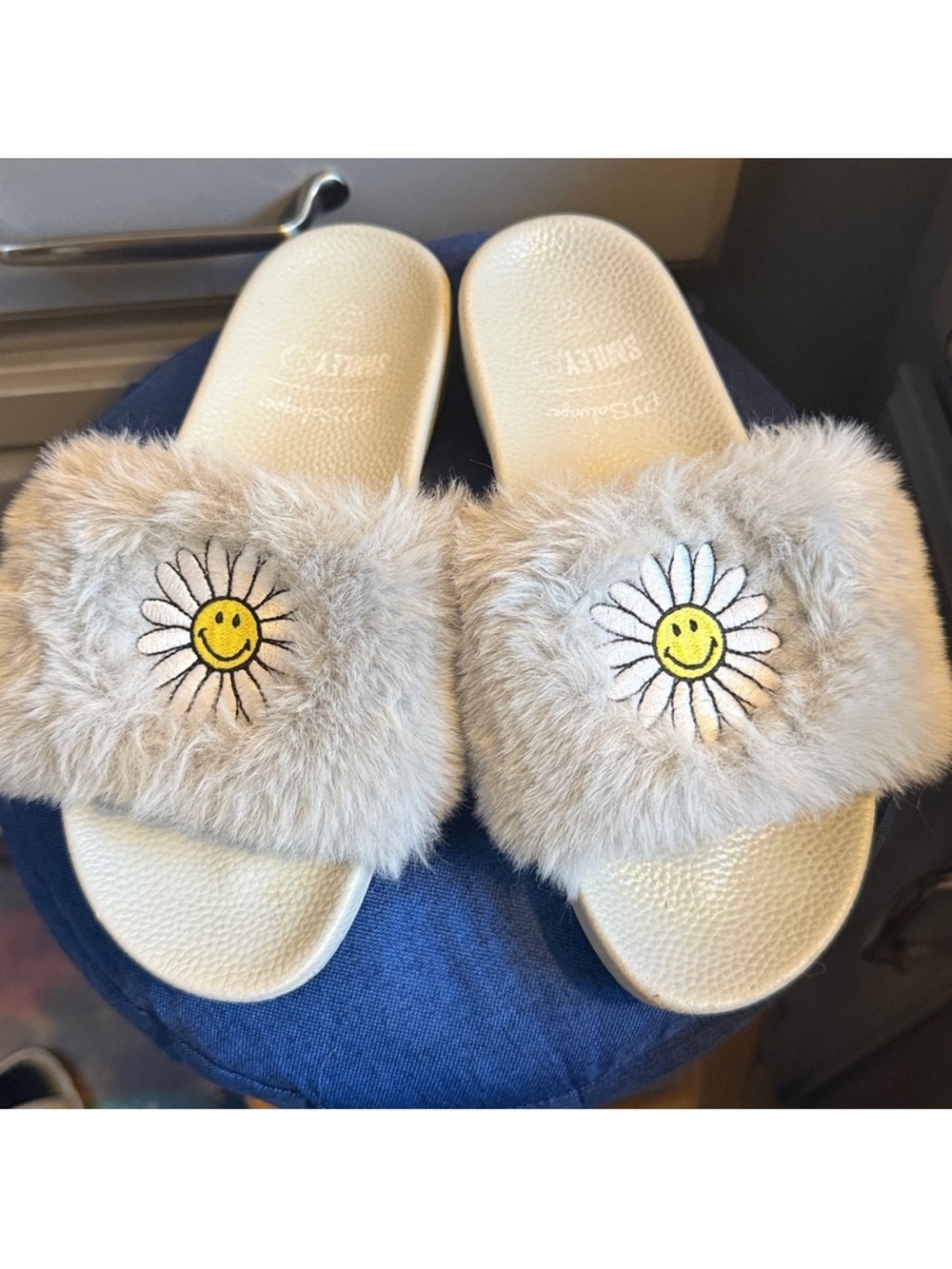 PJ Salvage Beige Faux Fur Slide with Daisy Smile Motif